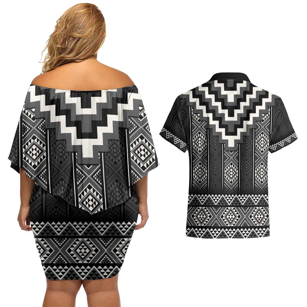 Black Taniko Aotearoa Couples Matching Off Shoulder Short Dress and Hawaiian Shirt Niho Taniwha Mix Poutama LT14