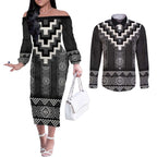 Black Taniko Aotearoa Couples Matching Off The Shoulder Long Sleeve Dress and Long Sleeve Button Shirt Niho Taniwha Mix Poutama LT14