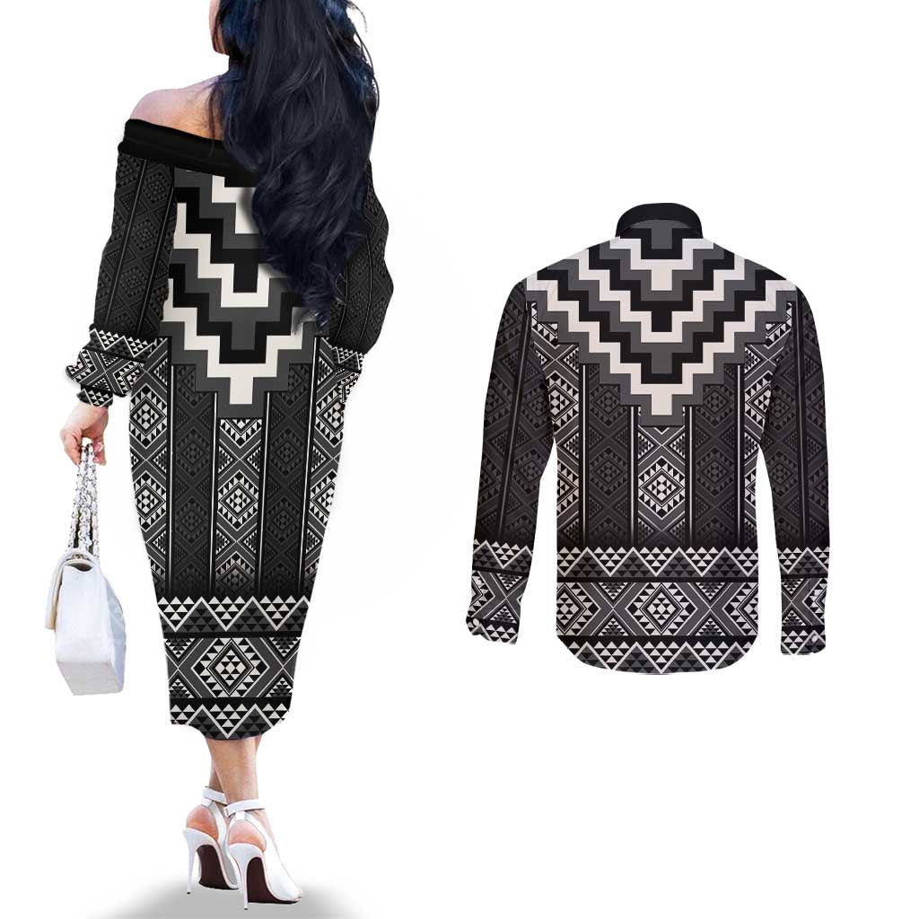 Black Taniko Aotearoa Couples Matching Off The Shoulder Long Sleeve Dress and Long Sleeve Button Shirt Niho Taniwha Mix Poutama LT14