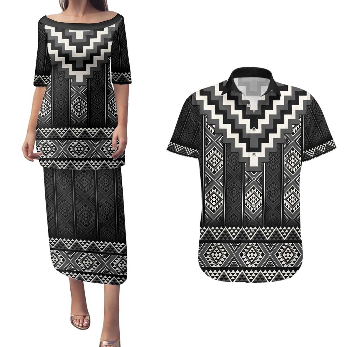 Black Taniko Aotearoa Couples Matching Puletasi and Hawaiian Shirt Niho Taniwha Mix Poutama LT14