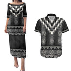 Black Taniko Aotearoa Couples Matching Puletasi and Hawaiian Shirt Niho Taniwha Mix Poutama LT14
