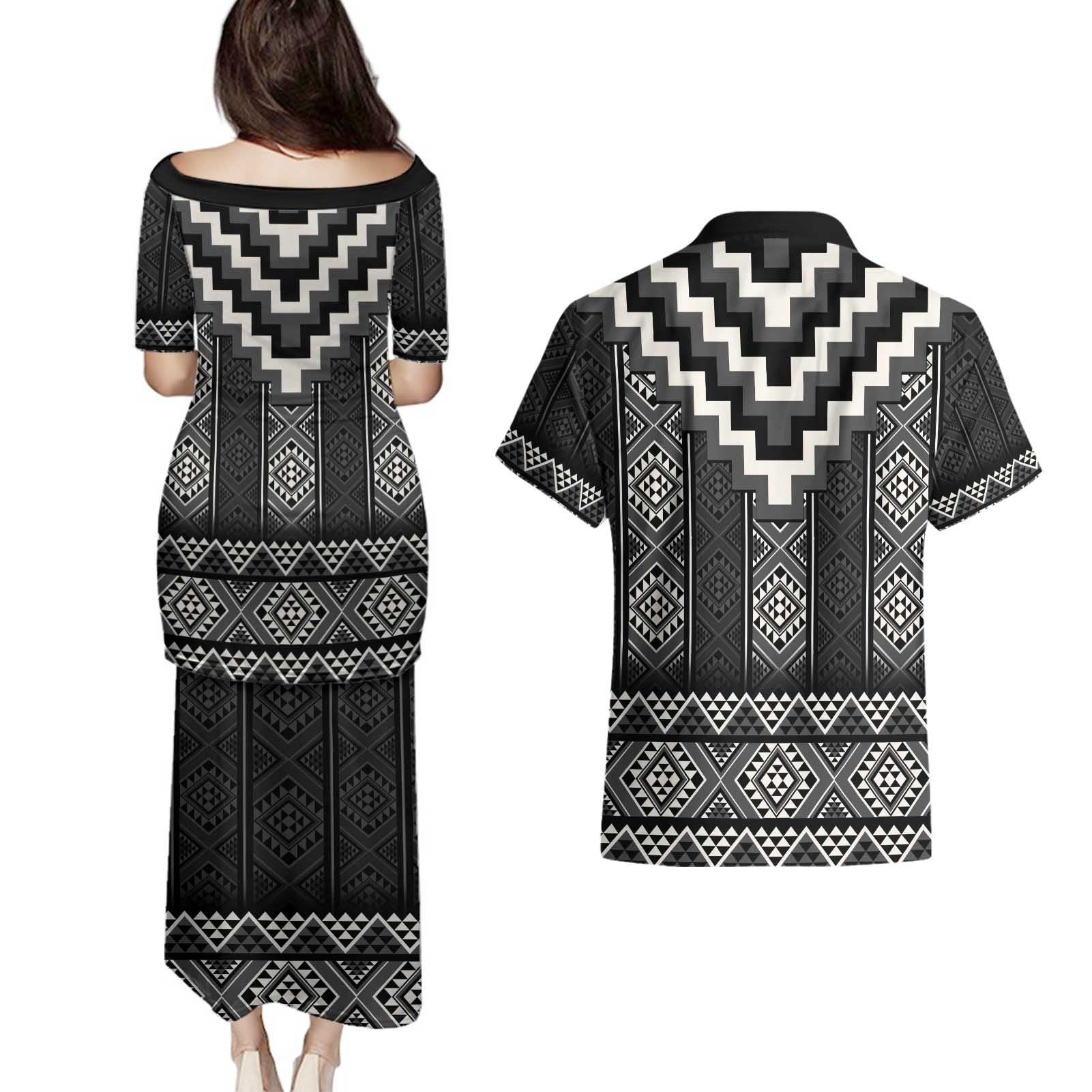 Black Taniko Aotearoa Couples Matching Puletasi and Hawaiian Shirt Niho Taniwha Mix Poutama LT14