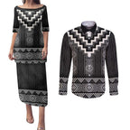 Black Taniko Aotearoa Couples Matching Puletasi and Long Sleeve Button Shirt Niho Taniwha Mix Poutama LT14