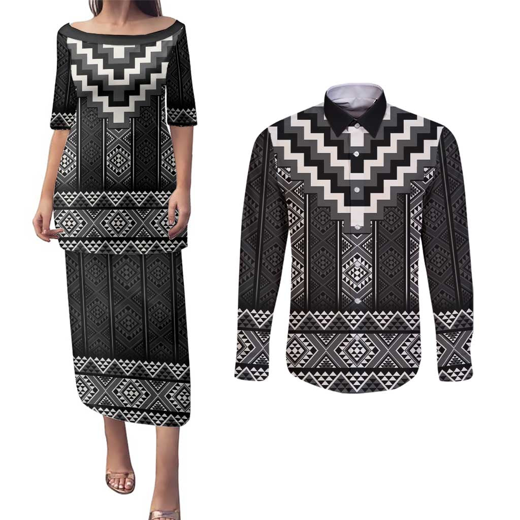 Black Taniko Aotearoa Couples Matching Puletasi and Long Sleeve Button Shirt Niho Taniwha Mix Poutama LT14