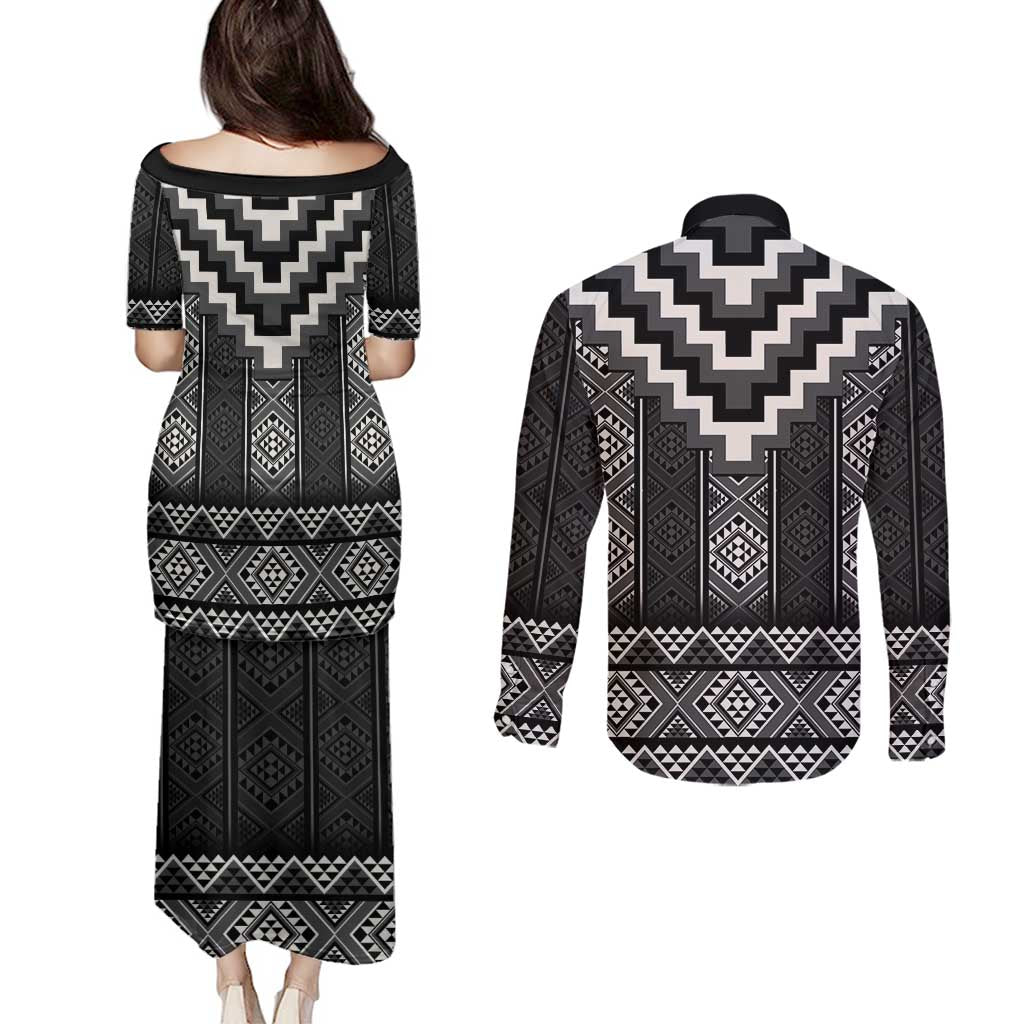 Black Taniko Aotearoa Couples Matching Puletasi and Long Sleeve Button Shirt Niho Taniwha Mix Poutama LT14