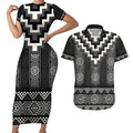 Black Taniko Aotearoa Couples Matching Short Sleeve Bodycon Dress and Hawaiian Shirt Niho Taniwha Mix Poutama LT14