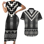 Black Taniko Aotearoa Couples Matching Short Sleeve Bodycon Dress and Hawaiian Shirt Niho Taniwha Mix Poutama LT14