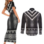 Black Taniko Aotearoa Couples Matching Short Sleeve Bodycon Dress and Long Sleeve Button Shirt Niho Taniwha Mix Poutama LT14