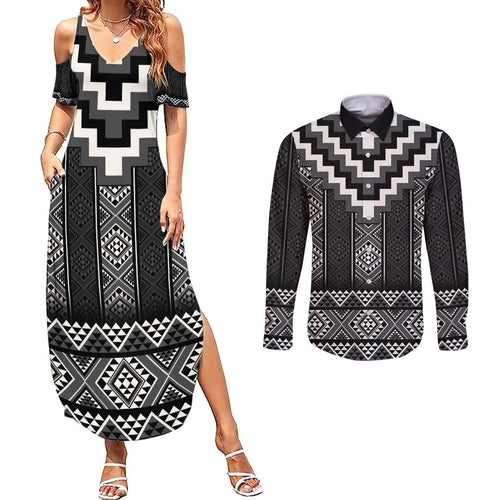 Black Taniko Aotearoa Couples Matching Summer Maxi Dress and Long Sleeve Button Shirt Niho Taniwha Mix Poutama LT14