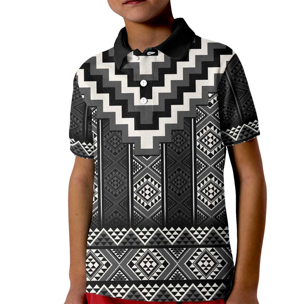 Black Taniko Aotearoa Kid Polo Shirt Niho Taniwha Mix Poutama LT14