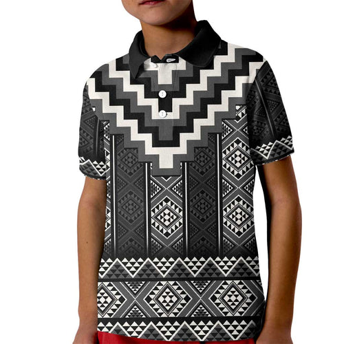 Black Taniko Aotearoa Kid Polo Shirt Niho Taniwha Mix Poutama LT14