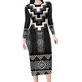 Black Taniko Aotearoa Long Sleeve Bodycon Dress Niho Taniwha Mix Poutama LT14