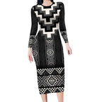 Black Taniko Aotearoa Long Sleeve Bodycon Dress Niho Taniwha Mix Poutama LT14