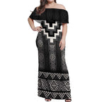 Black Taniko Aotearoa Off Shoulder Maxi Dress Niho Taniwha Mix Poutama LT14