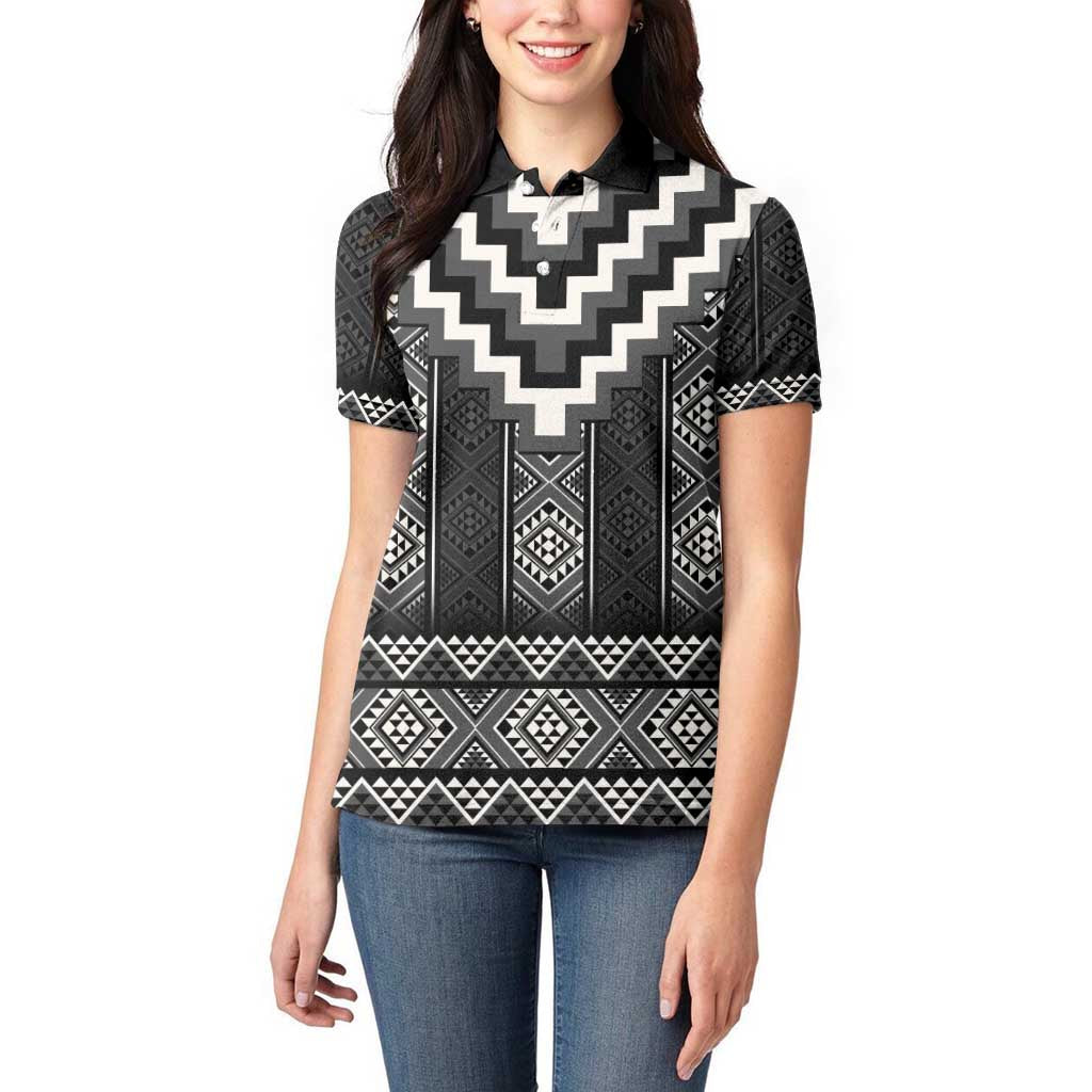 Black Taniko Aotearoa Women Polo Shirt Niho Taniwha Mix Poutama LT14