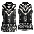Black Taniko Aotearoa Women Sleeveless Polo Shirt Niho Taniwha Mix Poutama LT14