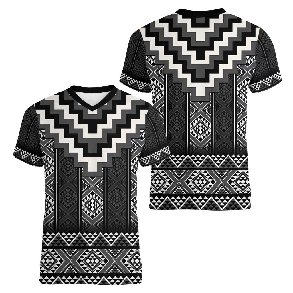 Black Taniko Aotearoa Women V-Neck T-Shirt Niho Taniwha Mix Poutama LT14