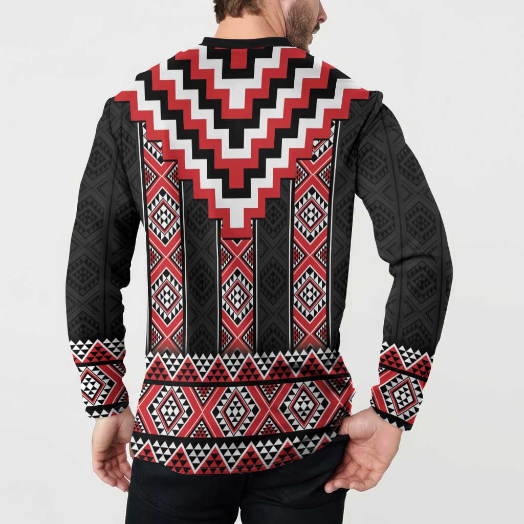 Red Taniko Aotearoa Button Sweatshirt Niho Taniwha Mix Poutama LT14