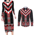 Red Taniko Aotearoa Couples Matching Long Sleeve Bodycon Dress and Long Sleeve Button Shirt Niho Taniwha Mix Poutama LT14