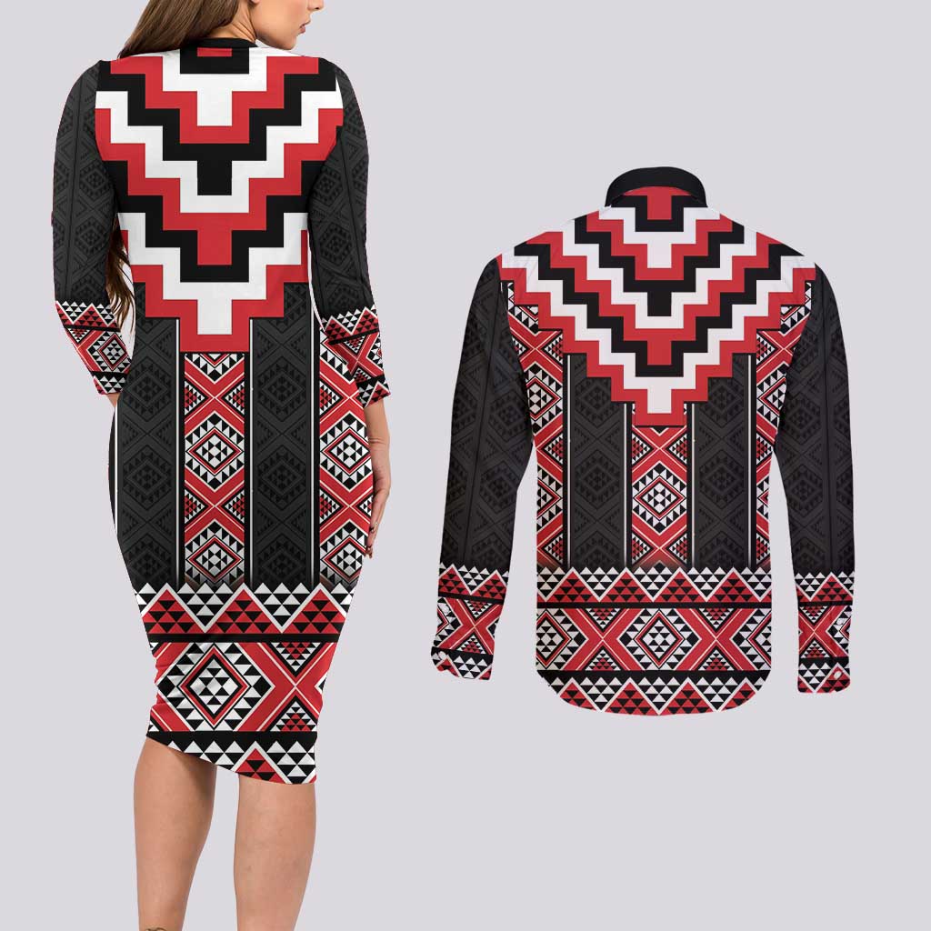 Red Taniko Aotearoa Couples Matching Long Sleeve Bodycon Dress and Long Sleeve Button Shirt Niho Taniwha Mix Poutama LT14