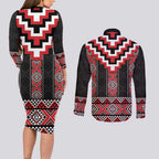 Red Taniko Aotearoa Couples Matching Long Sleeve Bodycon Dress and Long Sleeve Button Shirt Niho Taniwha Mix Poutama LT14