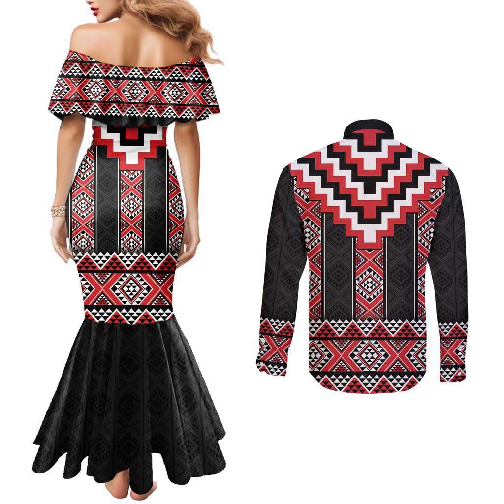 Red Taniko Aotearoa Couples Matching Mermaid Dress and Long Sleeve Button Shirt Niho Taniwha Mix Poutama LT14