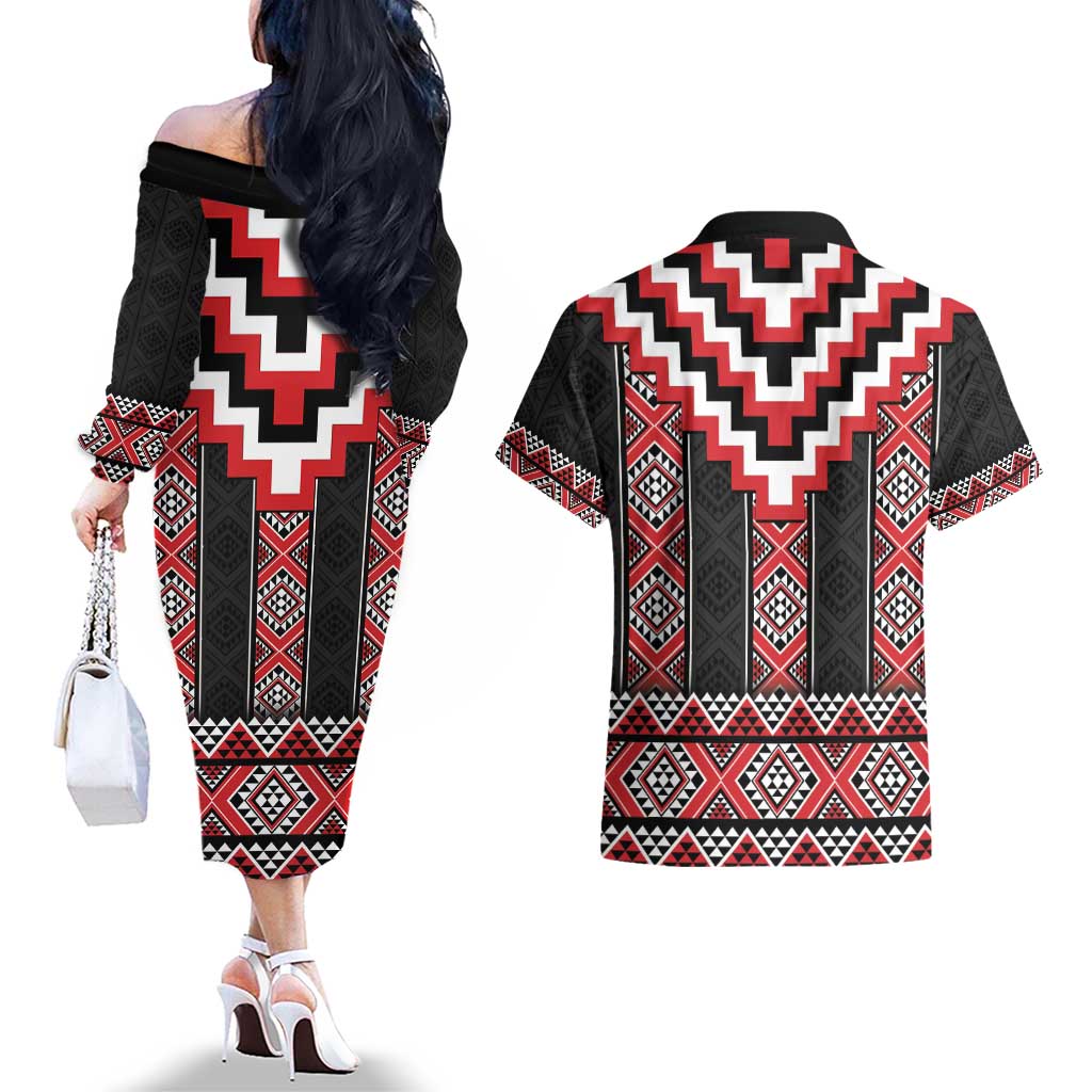 Red Taniko Aotearoa Couples Matching Off The Shoulder Long Sleeve Dress and Hawaiian Shirt Niho Taniwha Mix Poutama LT14