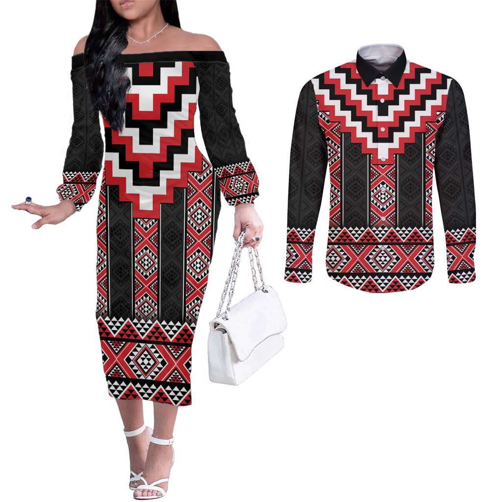 Red Taniko Aotearoa Couples Matching Off The Shoulder Long Sleeve Dress and Long Sleeve Button Shirt Niho Taniwha Mix Poutama LT14