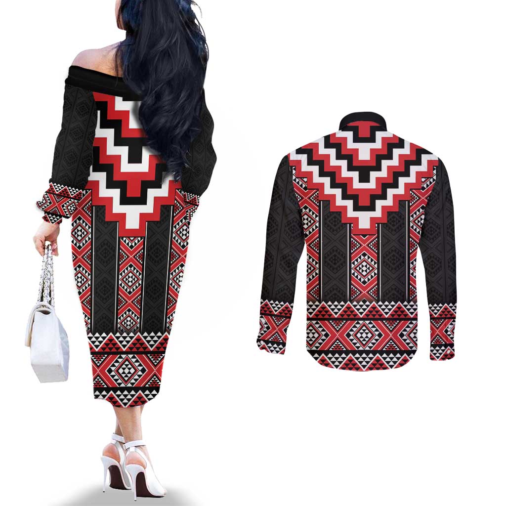 Red Taniko Aotearoa Couples Matching Off The Shoulder Long Sleeve Dress and Long Sleeve Button Shirt Niho Taniwha Mix Poutama LT14