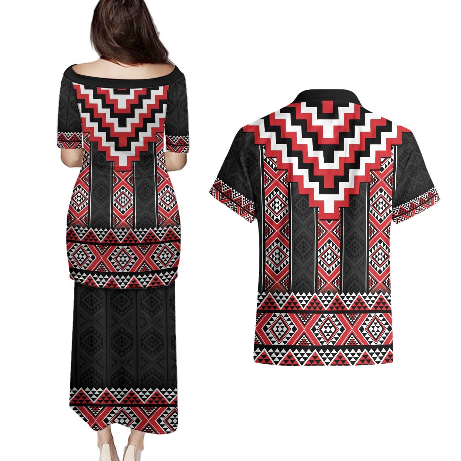 Red Taniko Aotearoa Couples Matching Puletasi and Hawaiian Shirt Niho Taniwha Mix Poutama LT14