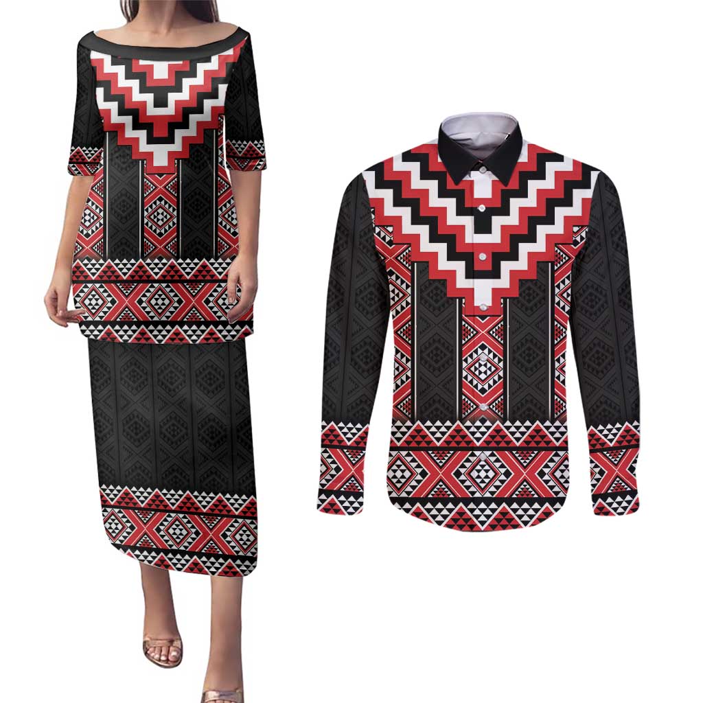 Red Taniko Aotearoa Couples Matching Puletasi and Long Sleeve Button Shirt Niho Taniwha Mix Poutama LT14