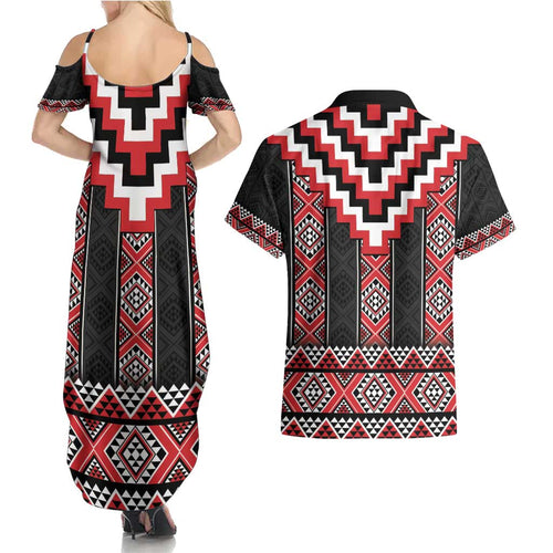Red Taniko Aotearoa Couples Matching Summer Maxi Dress and Hawaiian Shirt Niho Taniwha Mix Poutama LT14