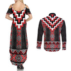 Red Taniko Aotearoa Couples Matching Summer Maxi Dress and Long Sleeve Button Shirt Niho Taniwha Mix Poutama LT14