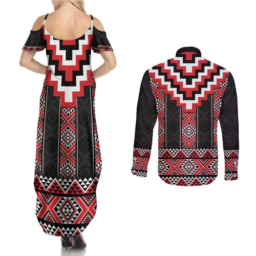 Red Taniko Aotearoa Couples Matching Summer Maxi Dress and Long Sleeve Button Shirt Niho Taniwha Mix Poutama LT14