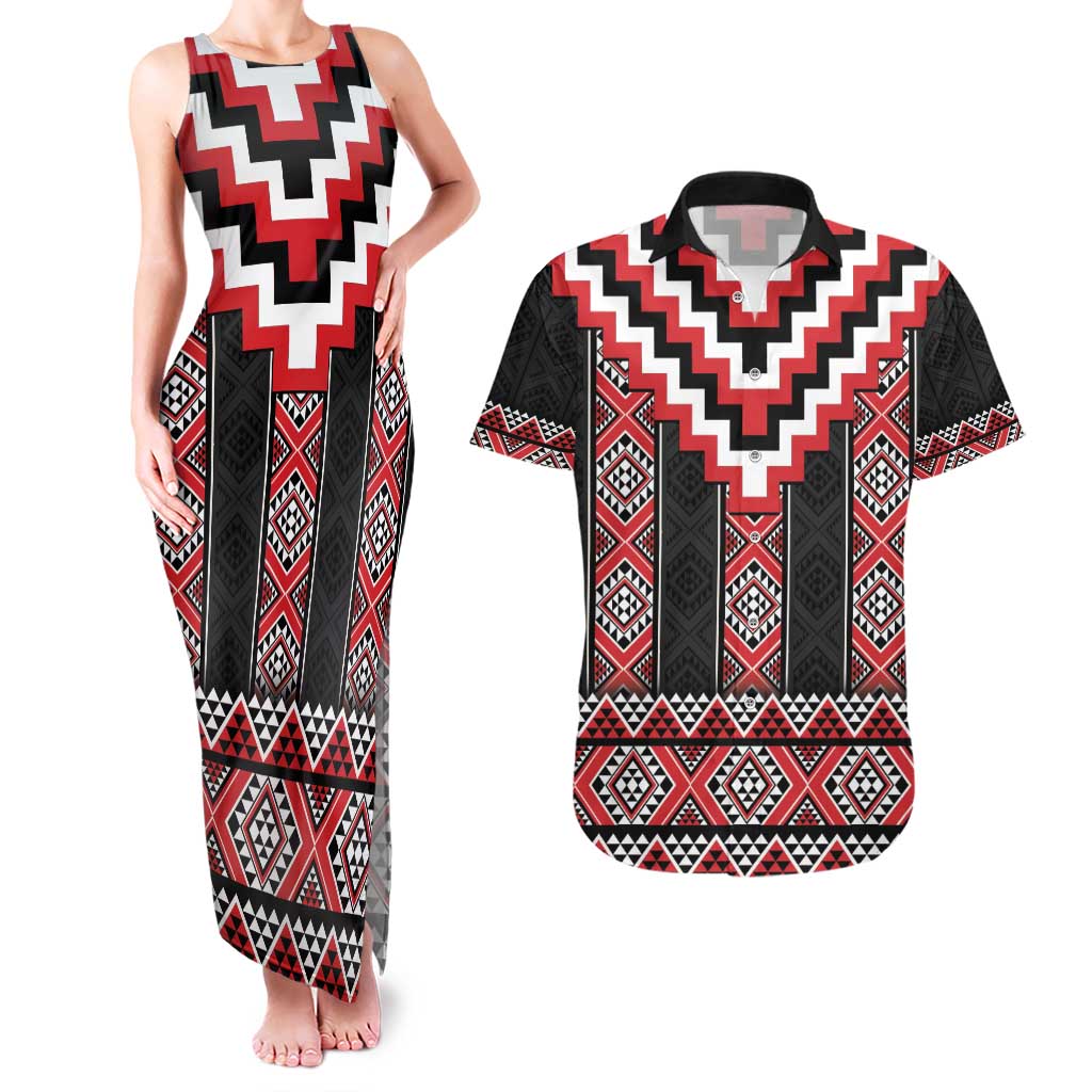 Red Taniko Aotearoa Couples Matching Tank Maxi Dress and Hawaiian Shirt Niho Taniwha Mix Poutama LT14