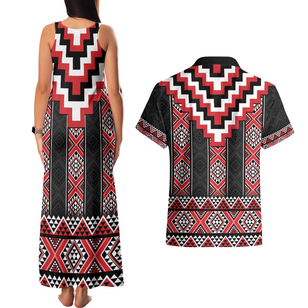 Red Taniko Aotearoa Couples Matching Tank Maxi Dress and Hawaiian Shirt Niho Taniwha Mix Poutama LT14