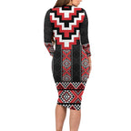 Red Taniko Aotearoa Long Sleeve Bodycon Dress Niho Taniwha Mix Poutama LT14