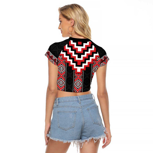 Red Taniko Aotearoa Raglan Cropped T Shirt Niho Taniwha Mix Poutama LT14