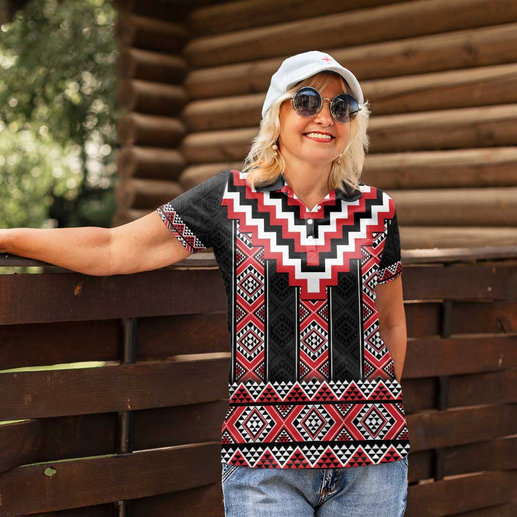 Red Taniko Aotearoa Women Polo Shirt Niho Taniwha Mix Poutama LT14