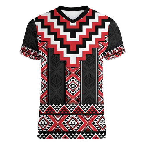 Red Taniko Aotearoa Women V-Neck T-Shirt Niho Taniwha Mix Poutama LT14
