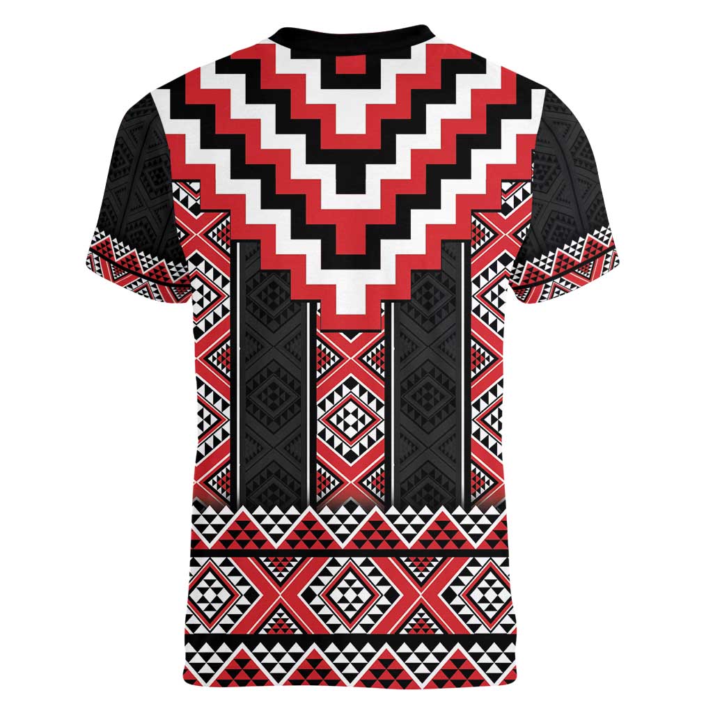 Red Taniko Aotearoa Women V-Neck T-Shirt Niho Taniwha Mix Poutama LT14