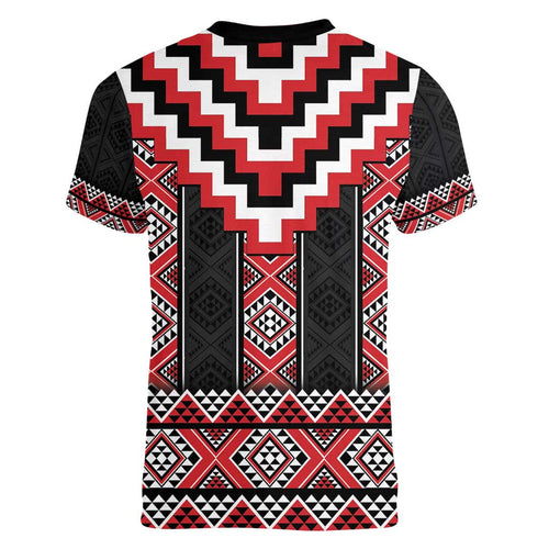 Red Taniko Aotearoa Women V-Neck T-Shirt Niho Taniwha Mix Poutama LT14