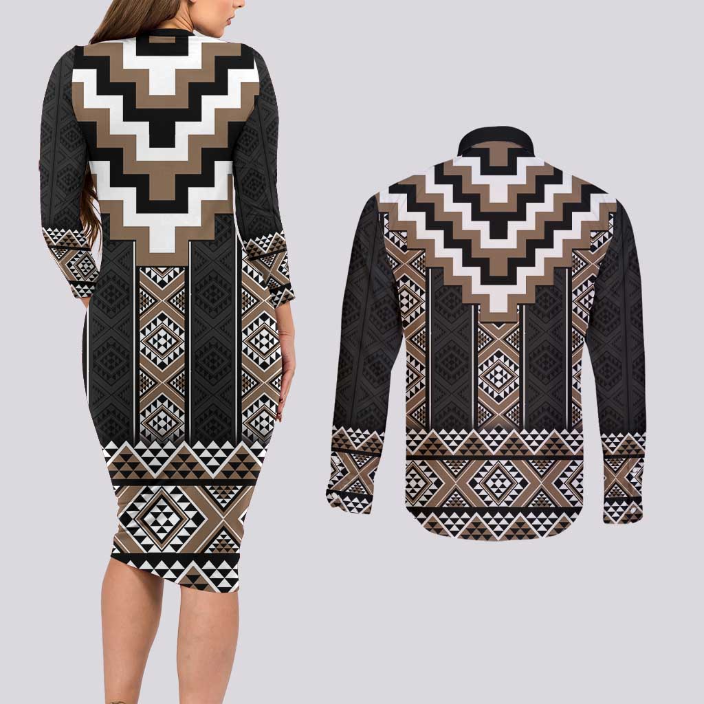 Brown Taniko Aotearoa Couples Matching Long Sleeve Bodycon Dress and Long Sleeve Button Shirt Niho Taniwha Mix Poutama LT14