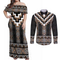 Brown Taniko Aotearoa Couples Matching Off Shoulder Maxi Dress and Long Sleeve Button Shirt Niho Taniwha Mix Poutama LT14