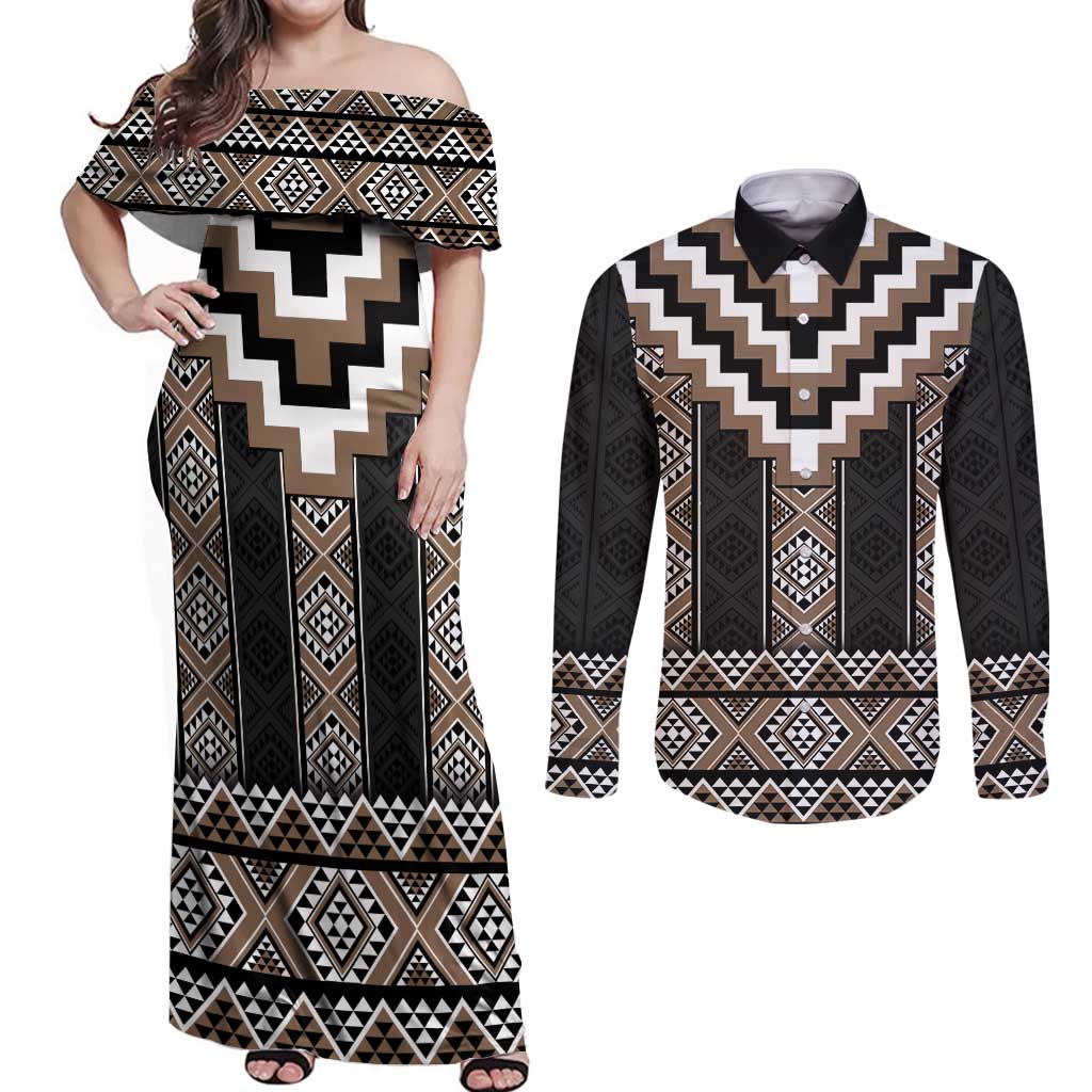 Brown Taniko Aotearoa Couples Matching Off Shoulder Maxi Dress and Long Sleeve Button Shirt Niho Taniwha Mix Poutama LT14