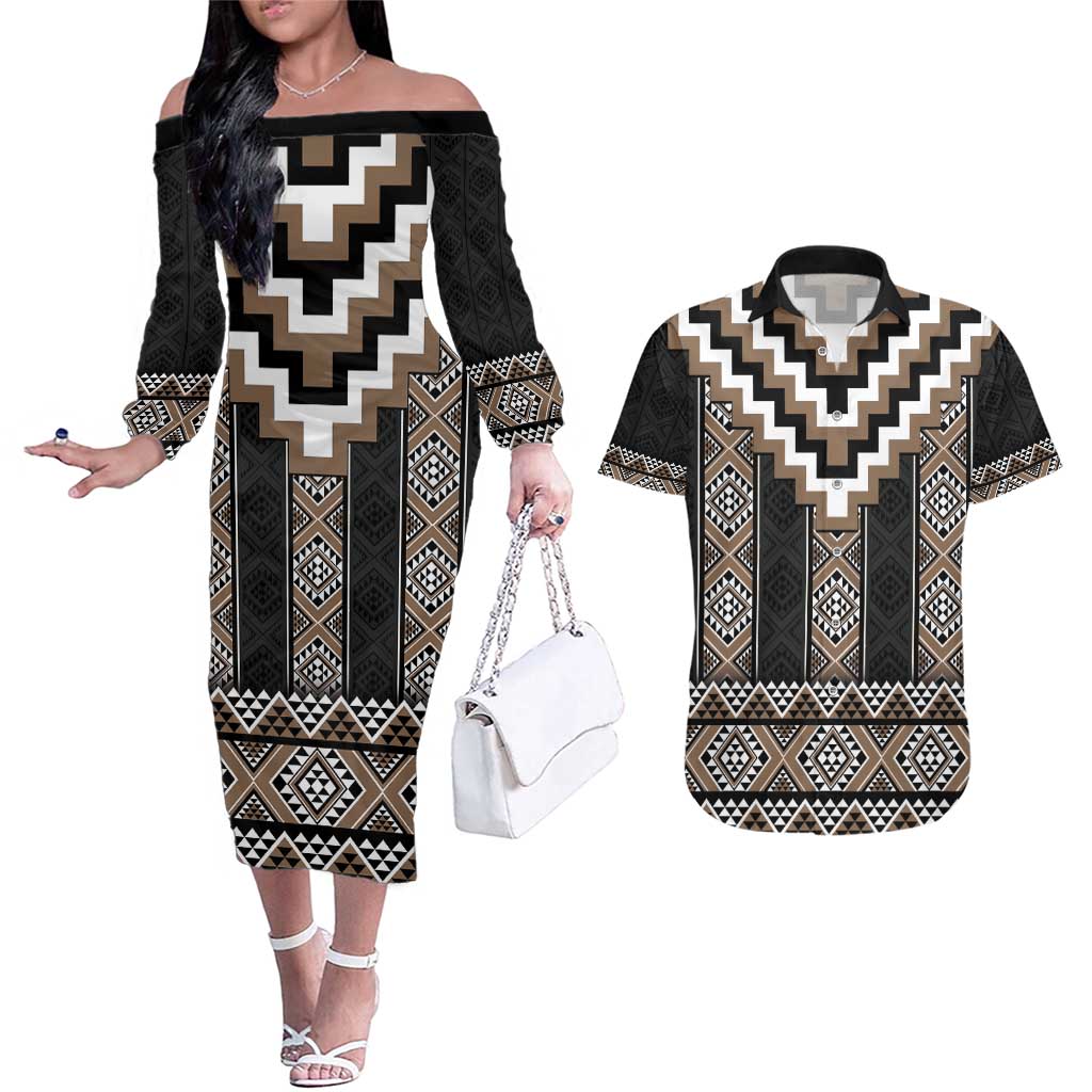 Brown Taniko Aotearoa Couples Matching Off The Shoulder Long Sleeve Dress and Hawaiian Shirt Niho Taniwha Mix Poutama LT14