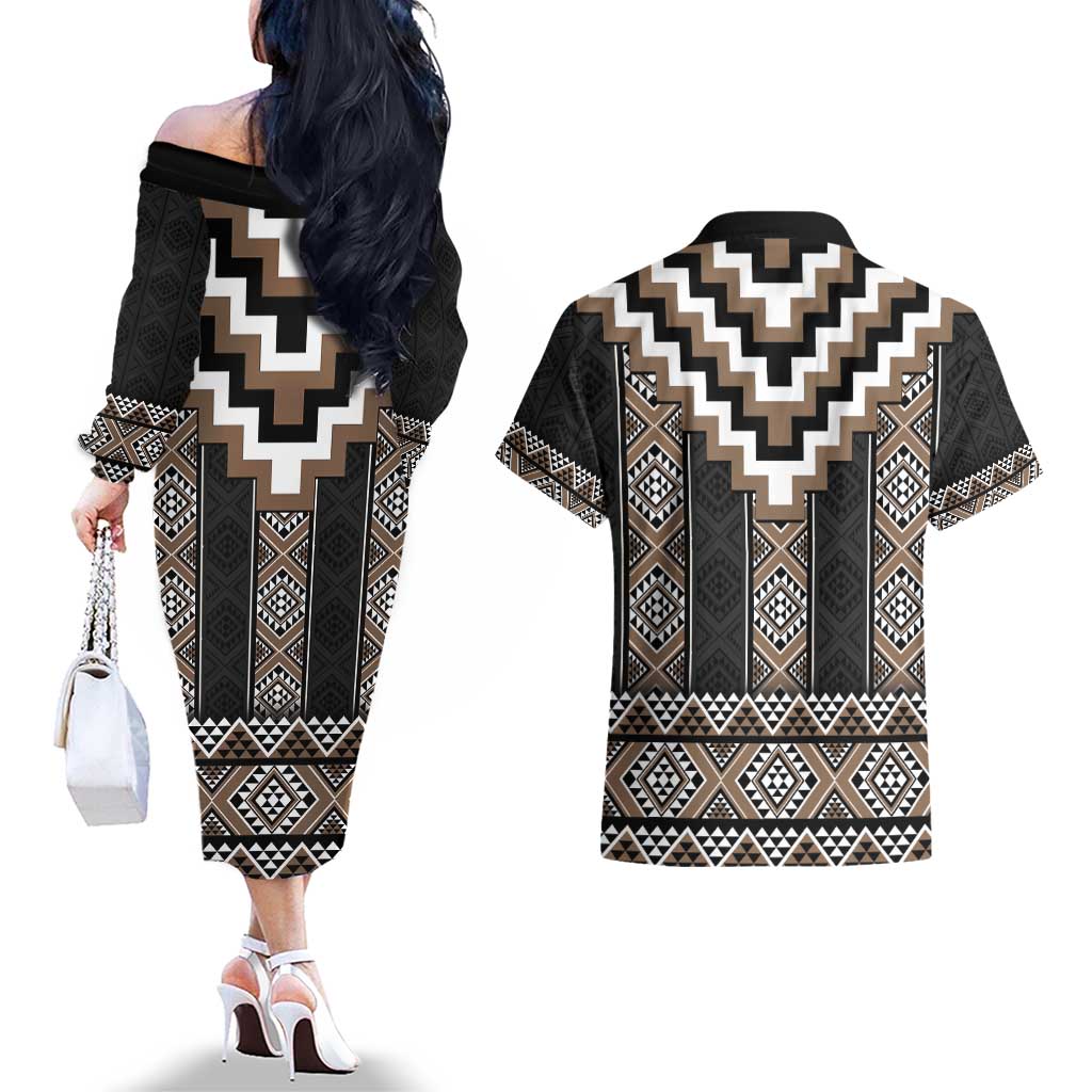 Brown Taniko Aotearoa Couples Matching Off The Shoulder Long Sleeve Dress and Hawaiian Shirt Niho Taniwha Mix Poutama LT14