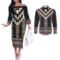Brown Taniko Aotearoa Couples Matching Off The Shoulder Long Sleeve Dress and Long Sleeve Button Shirt Niho Taniwha Mix Poutama LT14
