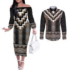 Brown Taniko Aotearoa Couples Matching Off The Shoulder Long Sleeve Dress and Long Sleeve Button Shirt Niho Taniwha Mix Poutama LT14