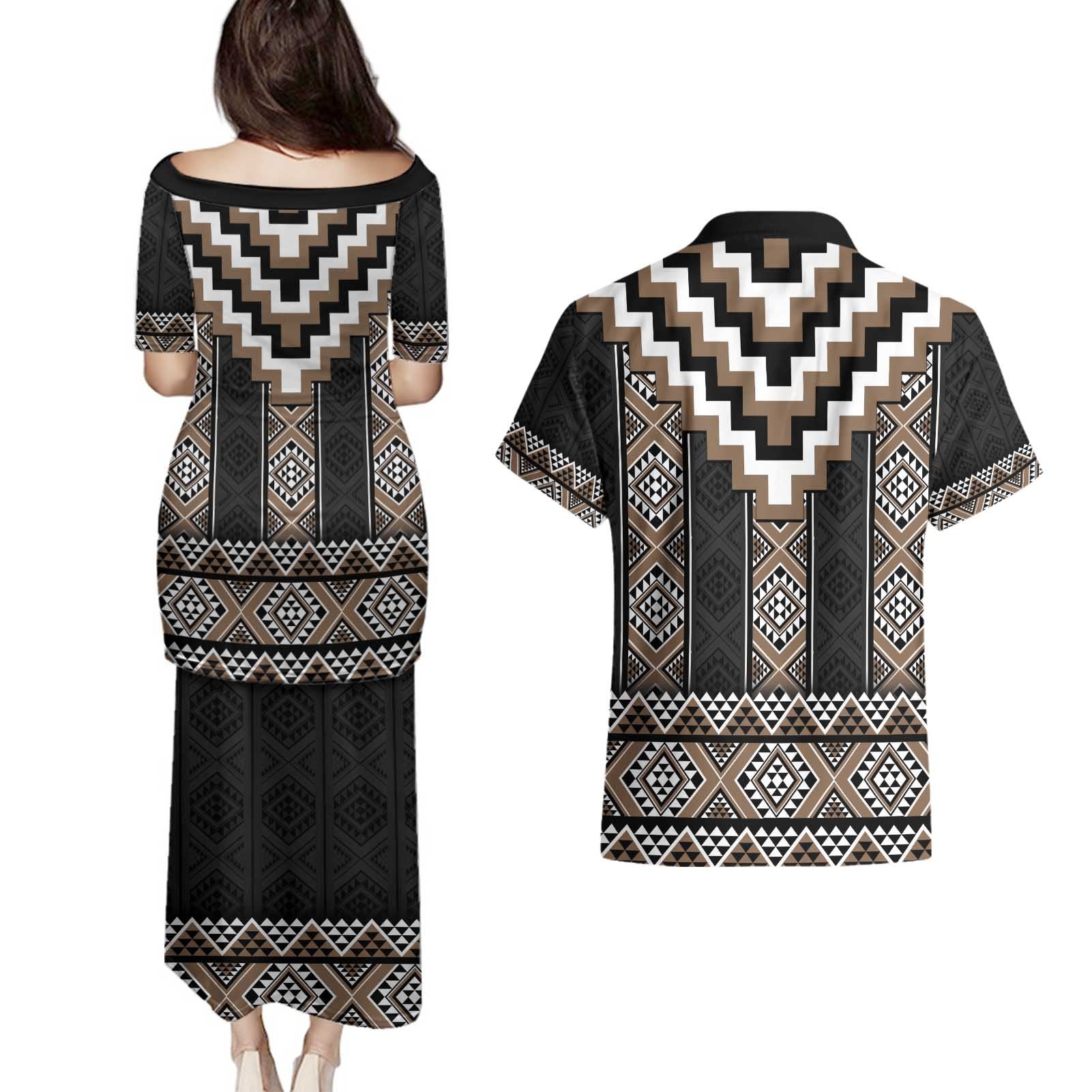 Brown Taniko Aotearoa Couples Matching Puletasi and Hawaiian Shirt Niho Taniwha Mix Poutama LT14